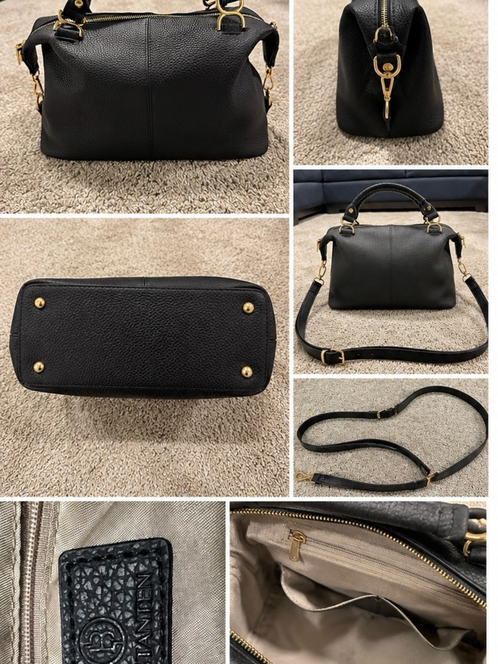 BOSTANTEN Black Pebbled Leather Satchel Bag Gold Hardware